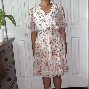 Mid White Dress w/ Puffed Sleaves and V Neck